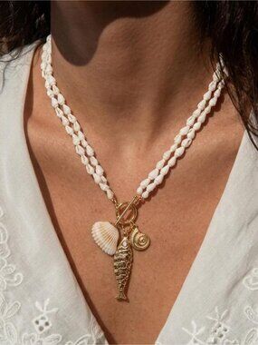 Coastal Shell Rope Necklace with Gold Sea Charms
